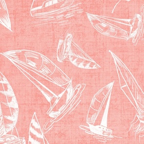 Sailboats on Coral Linen Texture Background, Medium Scale Design 