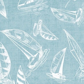 Sailboats on Linen Texture on Blue Grey Background, Medium Scale Design 