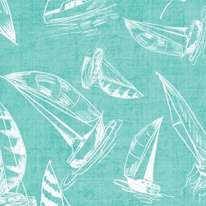 Sailboats on Succulent  Linen Texture Background, Medium Scale Design 
