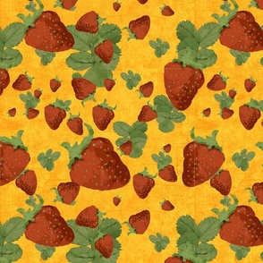(MEDIUM) Succulent Strawberries with leaves on textured Orange background