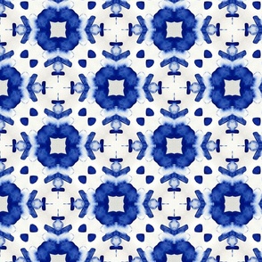 $ Large scale bold cobalt blue watercolour mosaic tile, symmetrical, for soft furnishings, bathroom wallpaper, Portuguese inspired décor, boho bed linen and duvet covers