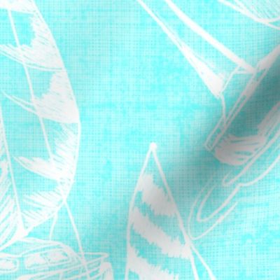 Sailboats on Coastal Blue Linen Texture Background, Medium Scale Design