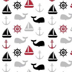 (med scale) nautical in red and black - whale, sailboat, anchor,  wheel C23