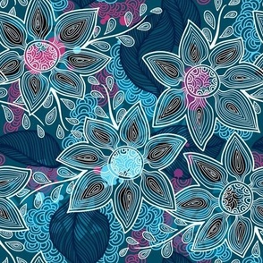 Line Art Floral in Pink and Turquoise Multi