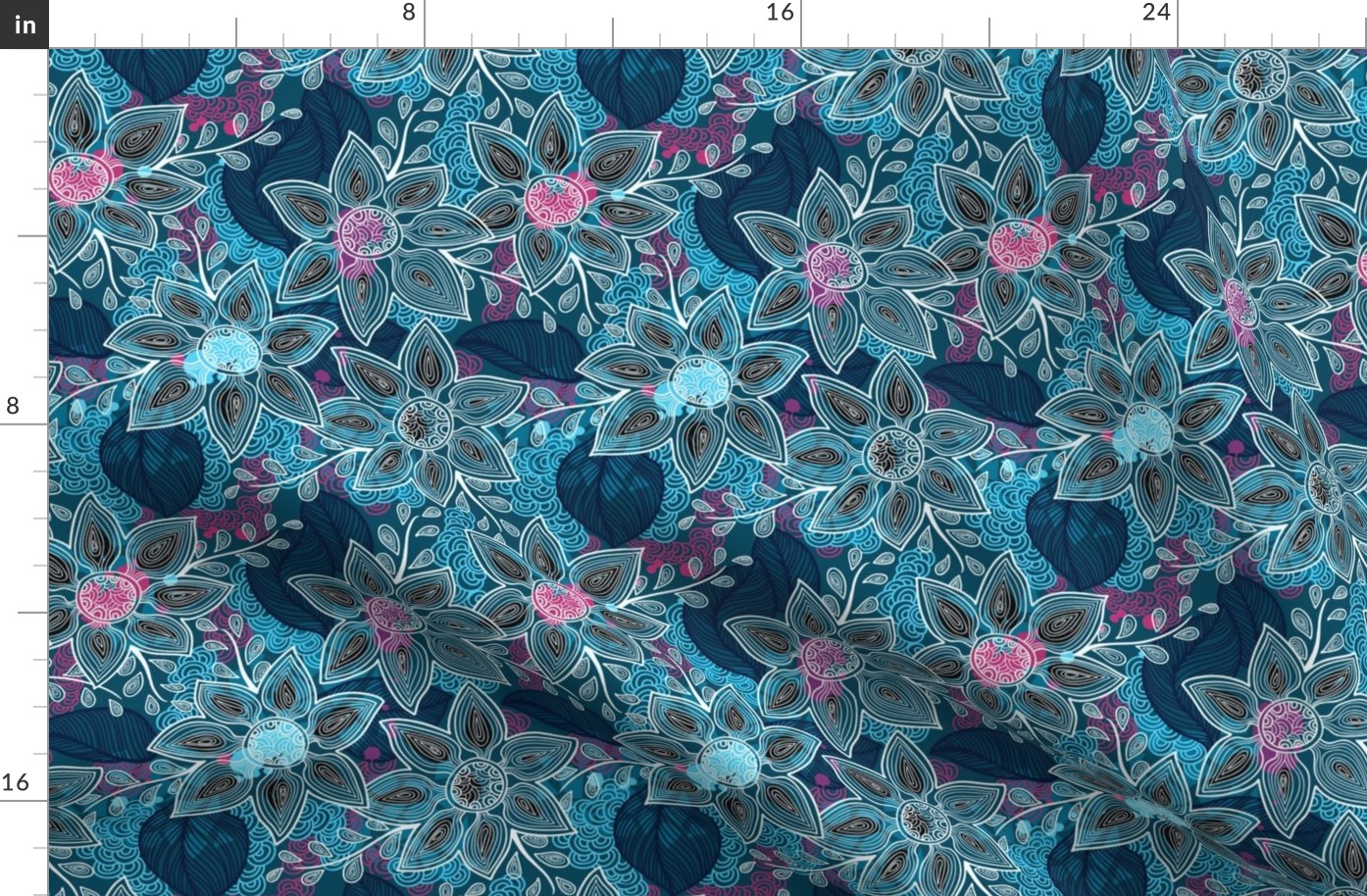 Line Art Floral in Pink and Turquoise Multi