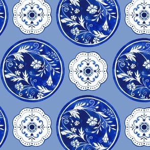 Italian Floral Tiles in Cobalt Blue and White on Wedgewood Blue - Coordinate