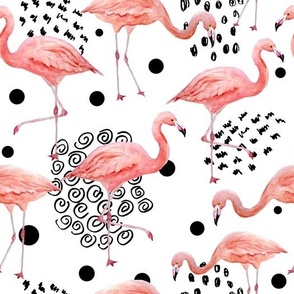 Flamingo & Modern Black Ornaments on White Background