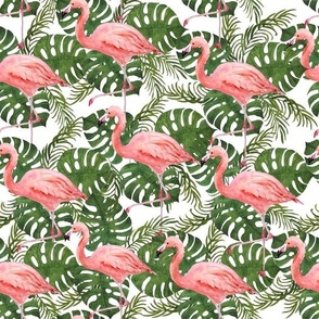 Pink Flamingo with Green Monstera Leaves