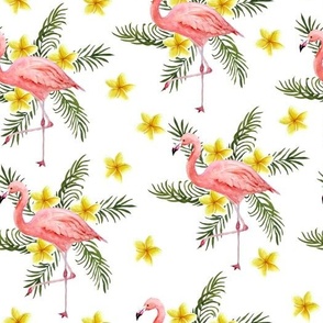 Flamingo Birds with Palm Leaves & Flowers