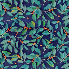 Leaves + Berries in Navy Blue, Teal & Tangerine - medium