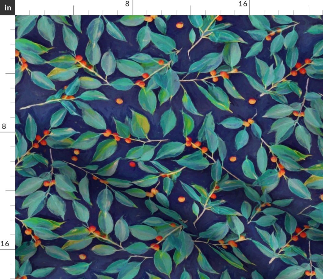 Leaves + Berries in Navy Blue, Teal & Tangerine - medium