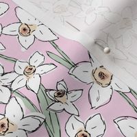 Raw freehand daffodils boho garden daffodil blossom spring love baby nursery white mint green on pink
