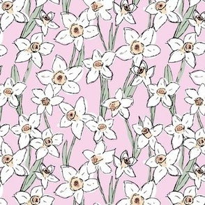 Raw freehand daffodils boho garden daffodil blossom spring love baby nursery white mint green on pink