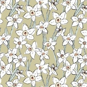 Raw freehand daffodils boho garden daffodil blossom spring love baby nursery white sage green on matcha