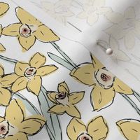 Raw freehand daffodils boho garden daffodil blossom spring love baby nursery yellow sage on white