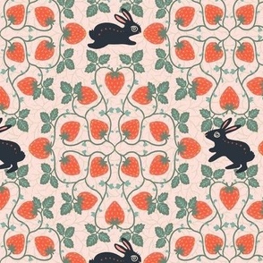 Strawberry field with black rabbits