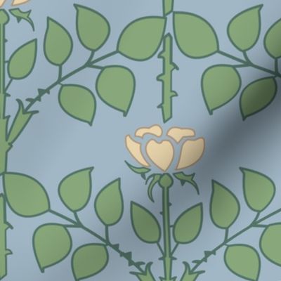 CFA Voysey Vintage Roses Art Deco Arts and Crafts Peach Briar  on Blue Background 