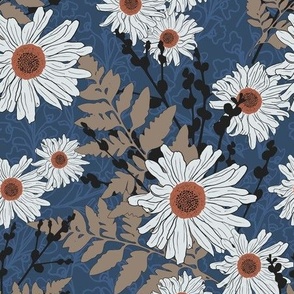 Daisy and Fern Neutral Flowers on Blue