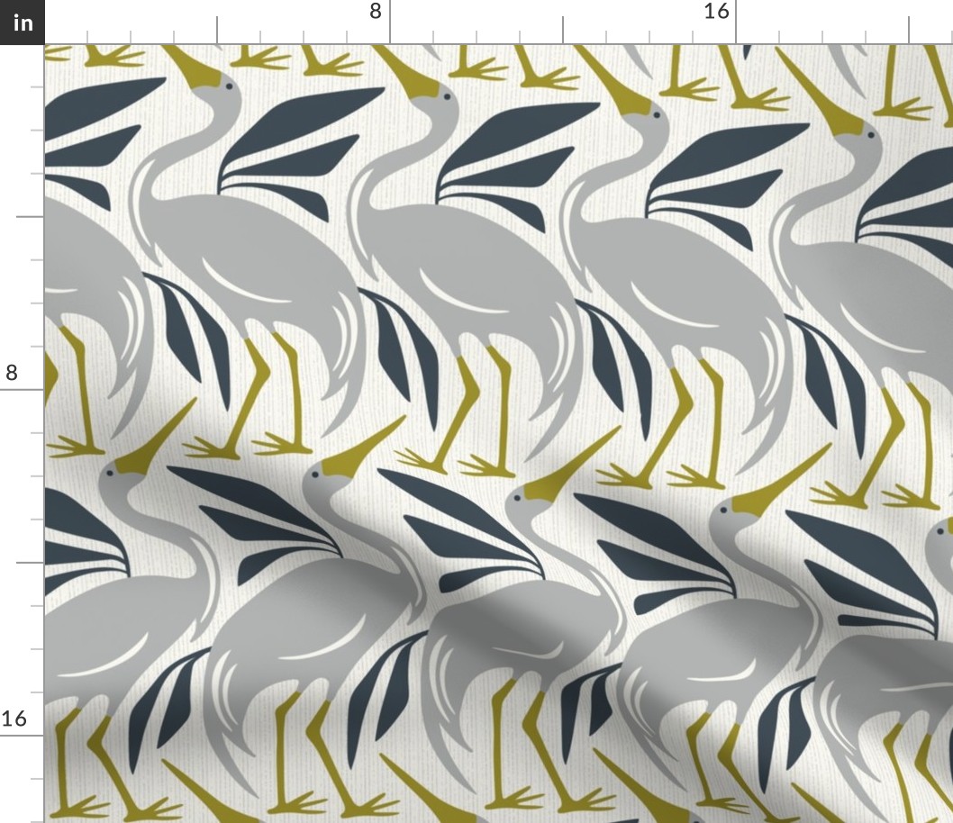 Wandering Herons - Mid Century Modern Birds Ivory Gray Large Scale