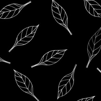 Lemon tree leaves - white hand-drawn linework on black