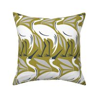 Wandering Herons - Mid Century Modern Birds Olive Green Ivory Large Scale