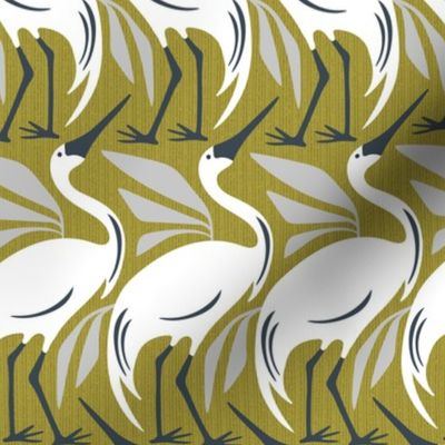 Wandering Herons - Mid Century Modern Birds Olive Green Ivory Regular Scale