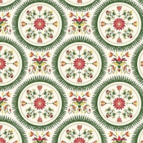 Floral circles - Mandala in Green with red flowers - Small Size 