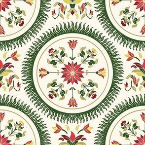 Floral circles - Mandala in Green with red flowers - Small Size 