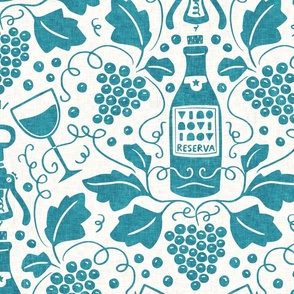 Wine Cellar, cyan turquoise lagoon light (Xlarge) – grape vines, bottle and glasses