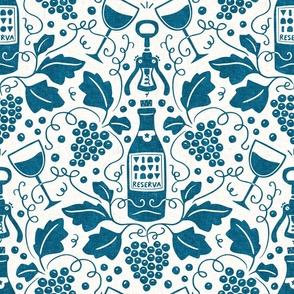 Wine Cellar, teal peacock blue light (Large) – grape vines, bottle and glasses