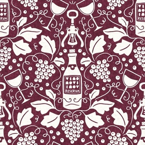 Wine Cellar, burgundy red (Large) – grape vines, bottle and glasses