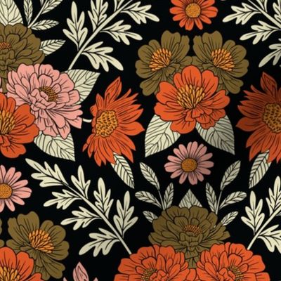 Small-Scale Orange, Pink & Olive Green Dark Floral