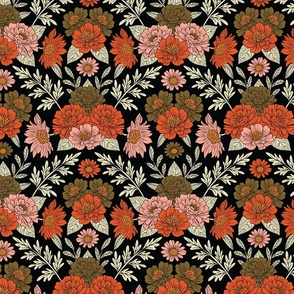 Small-Scale Orange, Pink & Olive Green Dark Floral