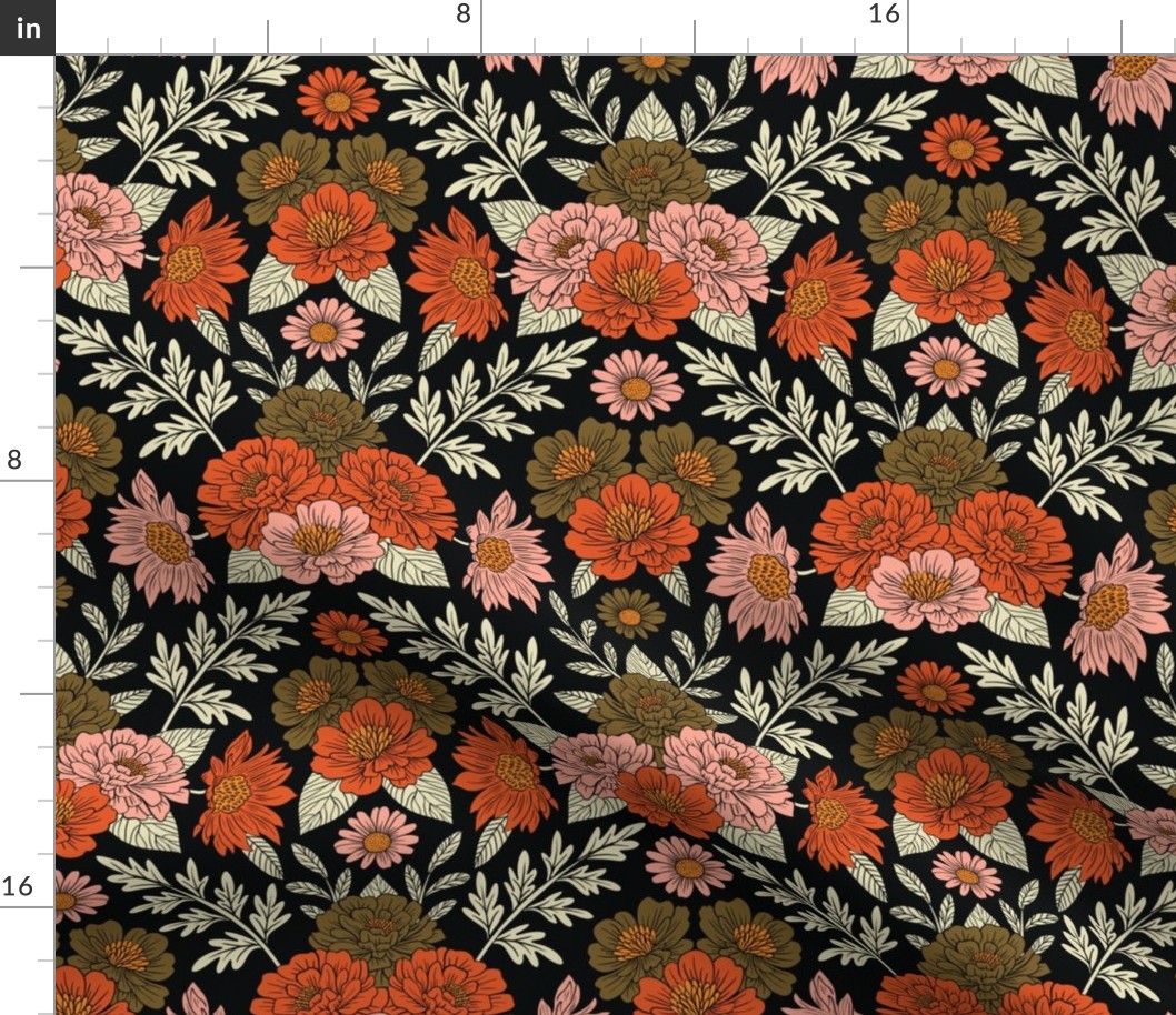 Small-Scale Orange, Pink & Olive Green Dark Floral