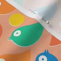 Colorful bright birds in blue, green, red and orange on a peach background - simple cut out retro shapes - medium