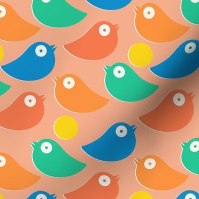 Colorful bright birds in blue, green, red and orange on a peach background - simple cut out retro shapes - medium