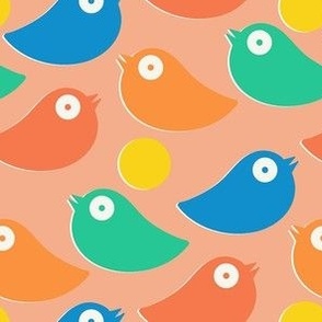 Colorful bright birds in blue, green, red and orange on a peach background - simple cut out retro shapes - medium