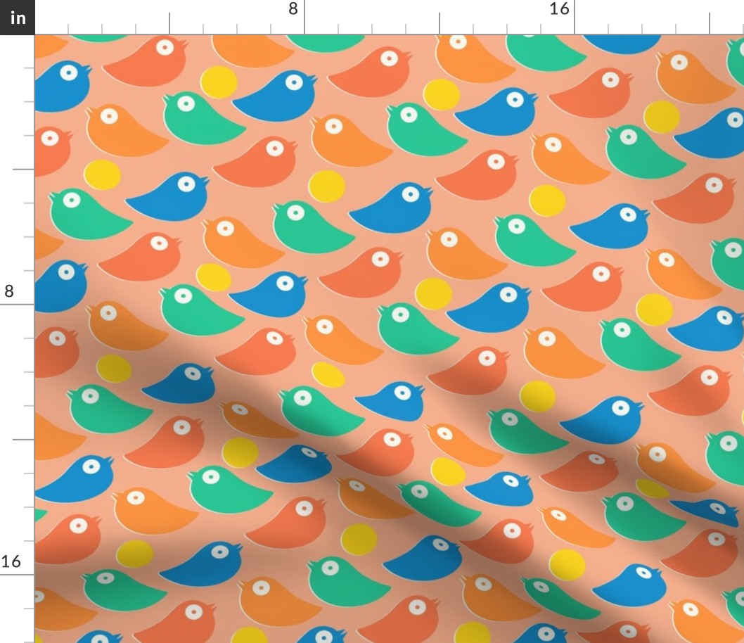 Colorful bright birds in blue, green, red and orange on a peach background - simple cut out retro shapes - medium