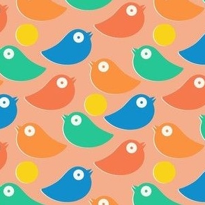 Colorful bright birds in blue_ green_ red and orange on a peach background - simple cut out retro shapes - small