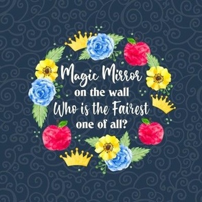 6" Circle Panel Magic Mirror Snow White Evil Queen Fairy Tale Floral on Navy for Embroidery Hoop Projects Quilt Squares