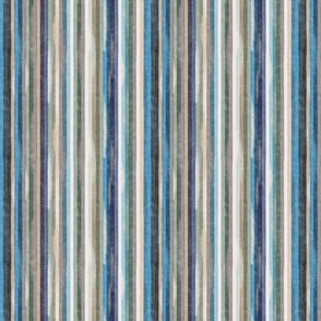 small scale Loose Geometric multicoloured rustic vertical stripe / Blue and Taupe colorway