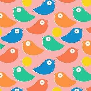 Colorful bright birds in blue_ green_ red and orange on a pink background - simple cut out retro shapes - large