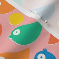 Colorful bright birds in blue_ green_ red and orange on a pink background - simple cut out retro shapes - medium