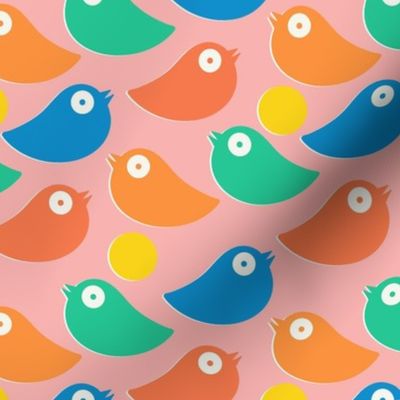Colorful bright birds in blue_ green_ red and orange on a pink background - simple cut out retro shapes - medium