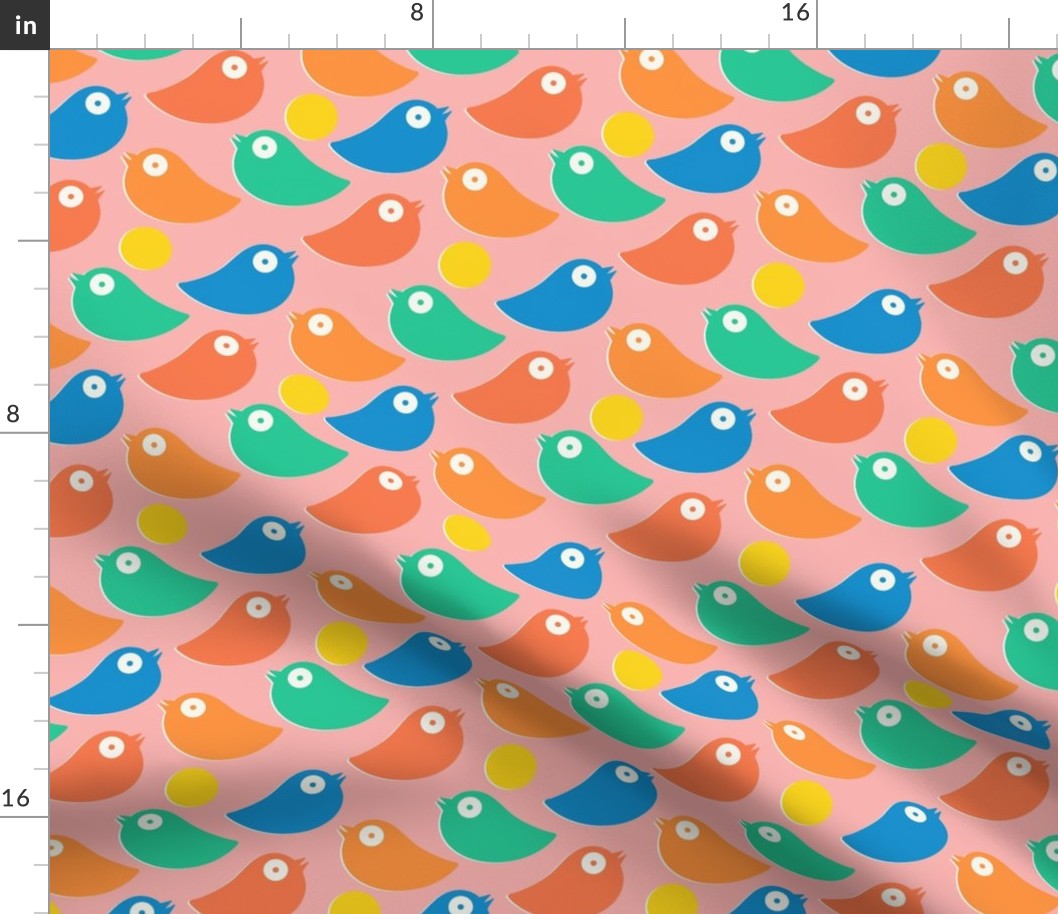 Colorful bright birds in blue_ green_ red and orange on a pink background - simple cut out retro shapes - medium