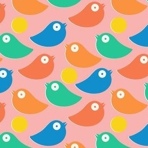 Colorful bright birds in blue_ green_ red and orange on a pink background - simple cut out retro shapes - small