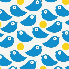 Blue birds on a soft white background with yellow dots - simple cut out retro shapes - large