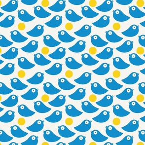 Blue birds on a soft white background with yellow dots - simple cut out retro shapes - medium