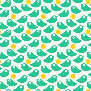 Green birds on a soft white background with yellow dots - simple cut out retro shapes - medium