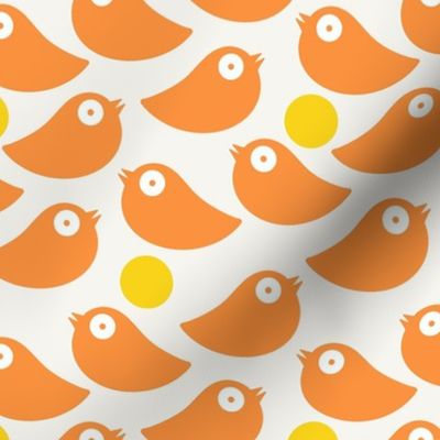 Orange birds on a soft white background with yellow dots - simple cut out retro shapes - medium